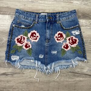 Free People 25 Jean Skirt Wild Red Rose Mini Embroidered Studded Frayed Boho